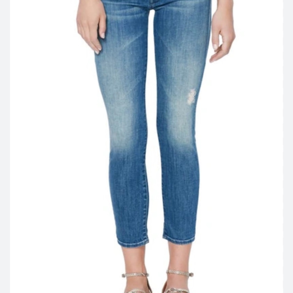 MOTHER Blue Cropped Skinny Jeans with Distressed Look